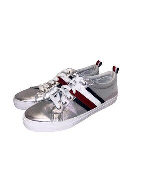 Tommy Hilfiger Silver Metallic Sneakers Red Navy Stripes Women 8 USA Patriotic